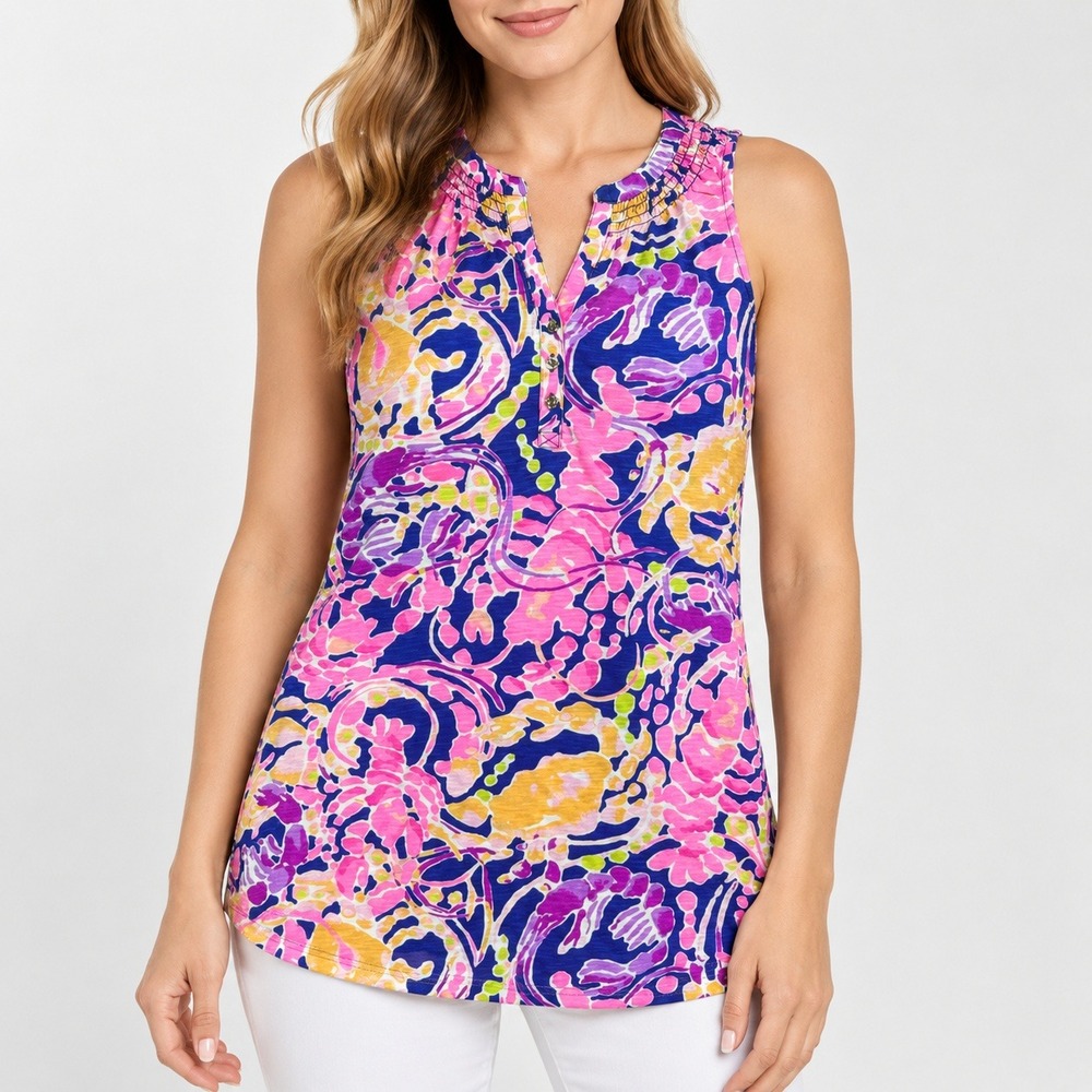 Lilly Pulitzer Pink Blue Floral Paisley Sleeveless Henley Smocked Top Small
